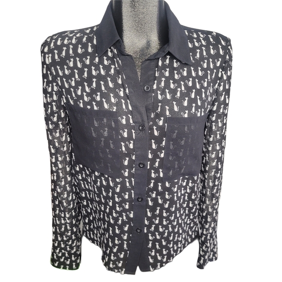 Buffalo Black and White Cat Print Sheer Button-Up Shirt with Cutout Backing S - Picture 1 of 6